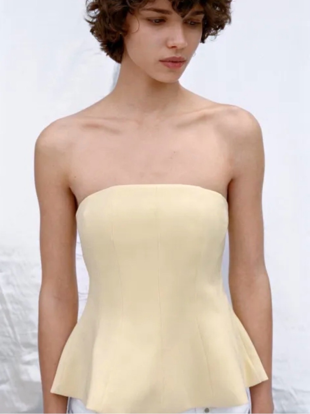 Zara Strapless Peplum Top in Pale Yellow